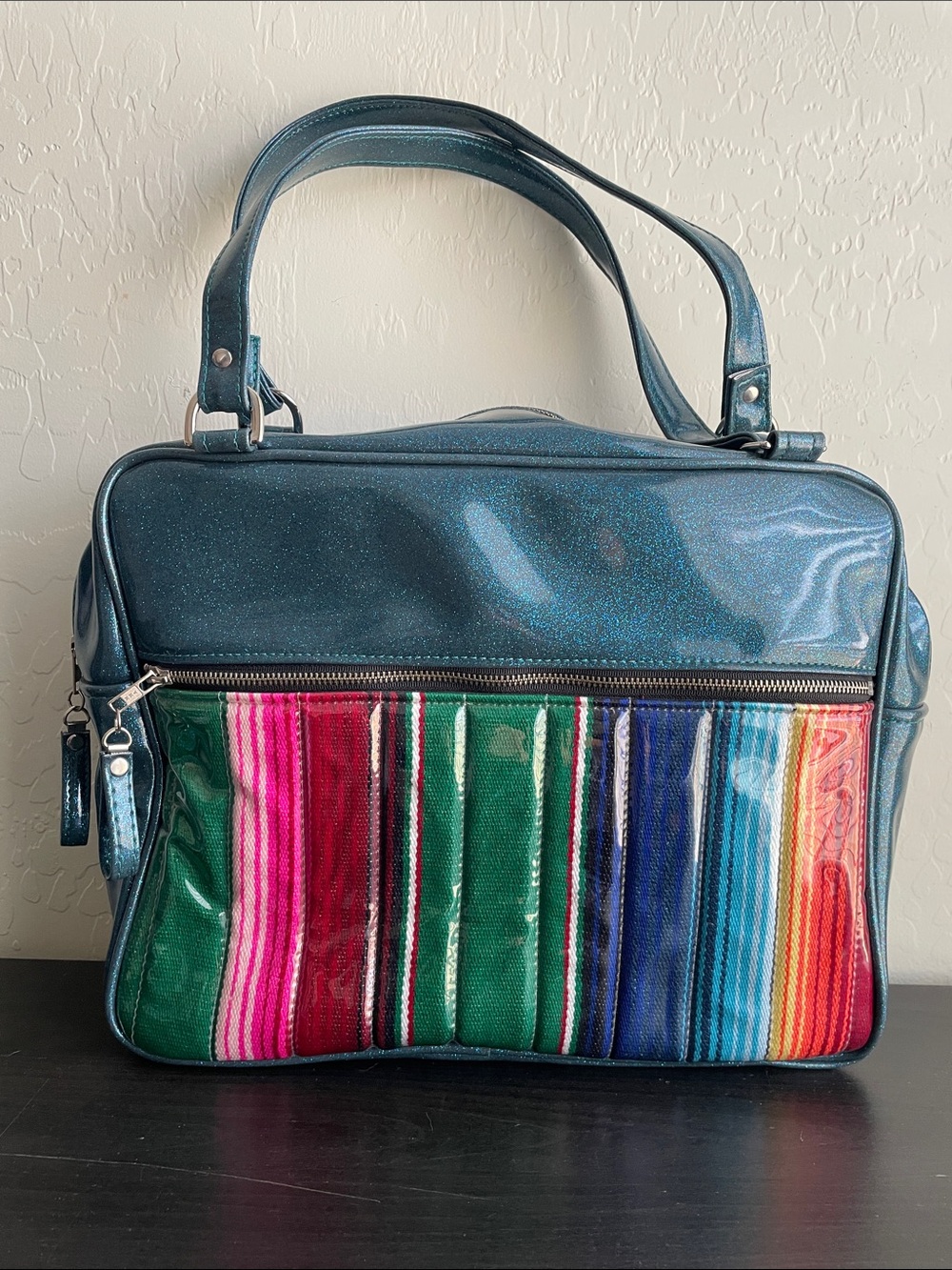 Metallic Teal Shoulder Bag with Multicolor Stripe Front